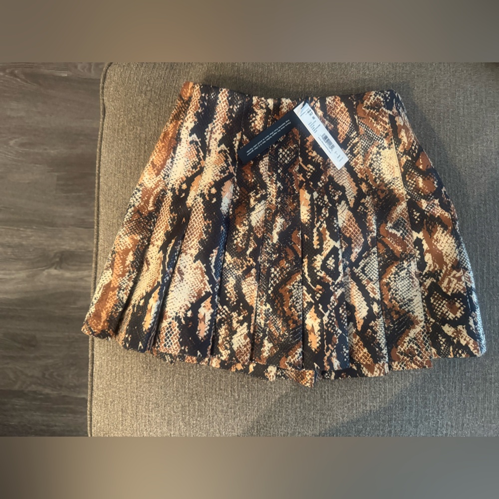 Alice + Olivia Pleated Mini Skirt in Brown, Black, Cream Snake Print